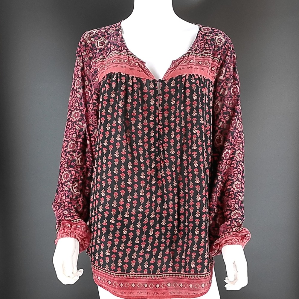 Lucky Brand Red Mixed Floral Print Boho Peasant Blouse Top Plus Size 1X